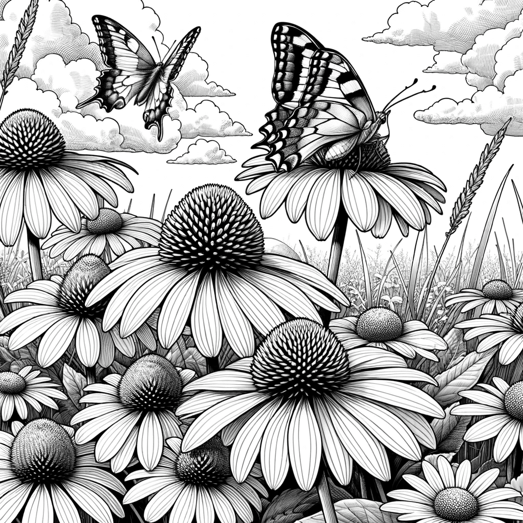 DALL·E 2023-12-15 14.02.29 - A black and white coloring book page with a realistic depiction of purple coneflowers (Echinacea purpurea) in a meadow, designed for 8.5x11 dimensions