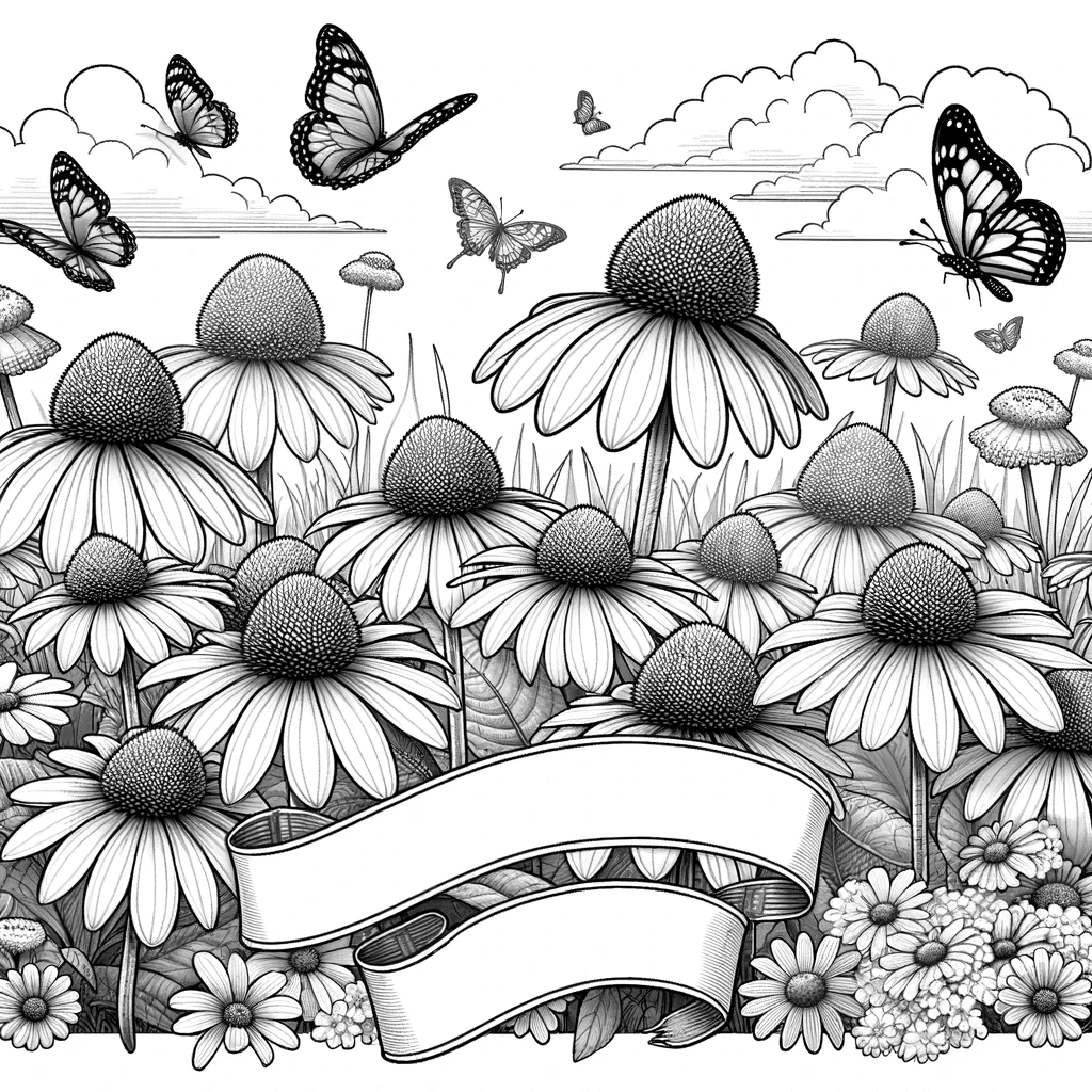 DALL·E 2023-12-15 14.10.00 - A black and white coloring book page with a realistic depiction of purple coneflowers (Echinacea purpurea) in a meadow, designed for 8.5x11 dimensions