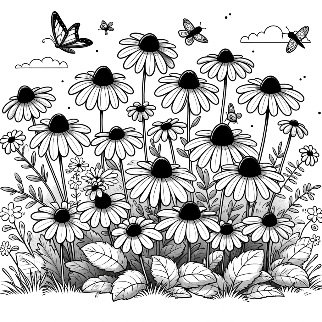 DALL·E 2023-12-15 15.32.46 - A child-friendly, simplistic black and white scene of multiple Black-Eyed Susans (Rudbeckia hirta) in a natural setting. The image should include a gr