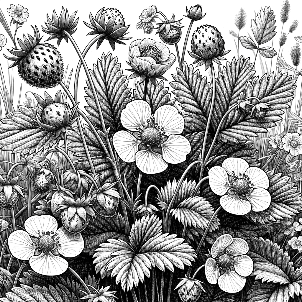 DALL·E 2023-12-15 15.37.40 - A detailed, black and white scene of wild strawberries (Fragaria vesca) in a natural setting, aiming for a more realistic feel. The image should depic