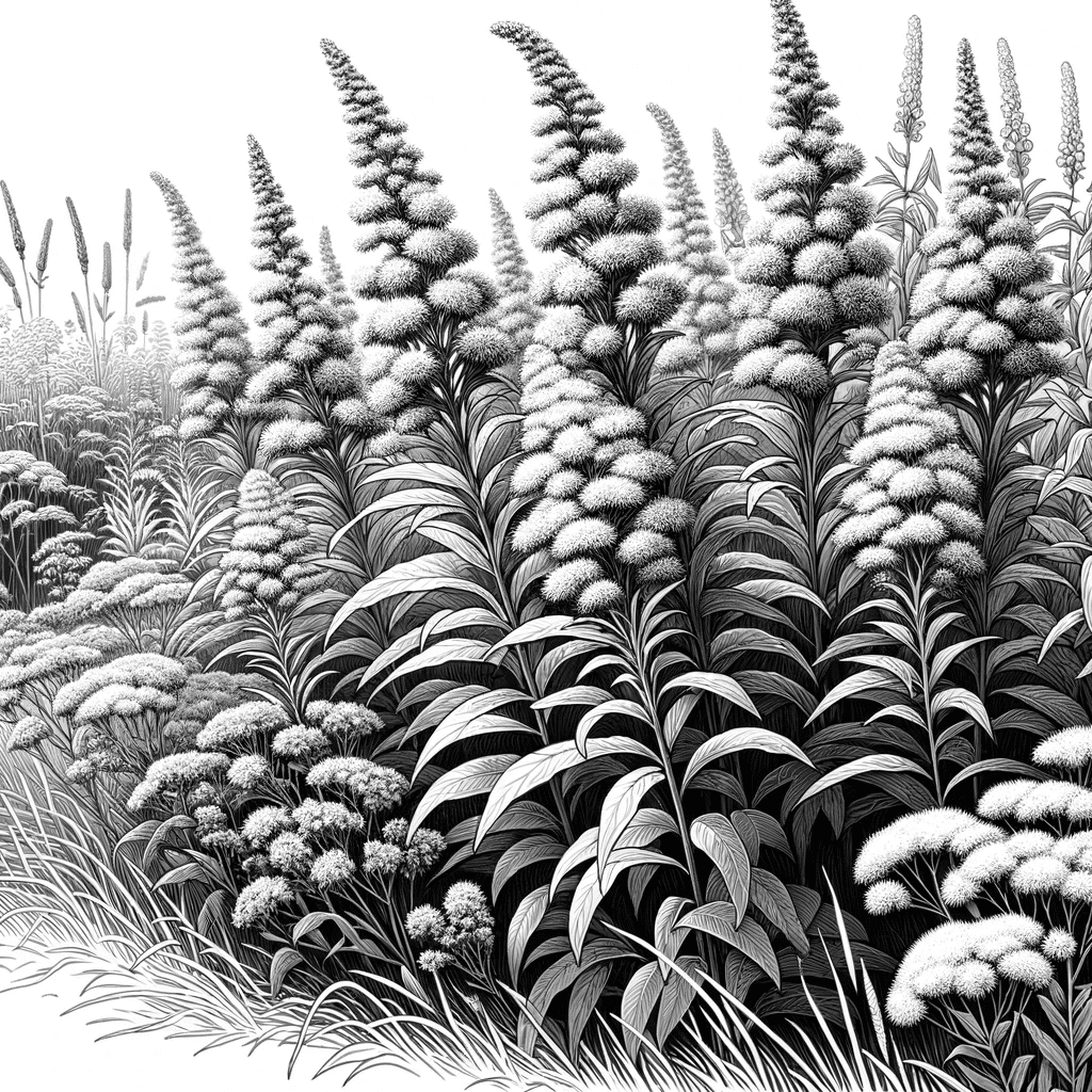 DALL·E 2023-12-15 15.40.52 - A detailed, black and white scene of Goldenrod (Solidago) flowers lining a meadow, with a realistic feel. The image should depict the tall, slender st