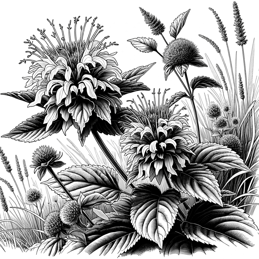 DALL·E 2023-12-15 15.43.40 - A detailed, black and white scene of Wild Bergamot (Monarda fistulosa) in a natural setting, with less shading for more coloring options. The image sh