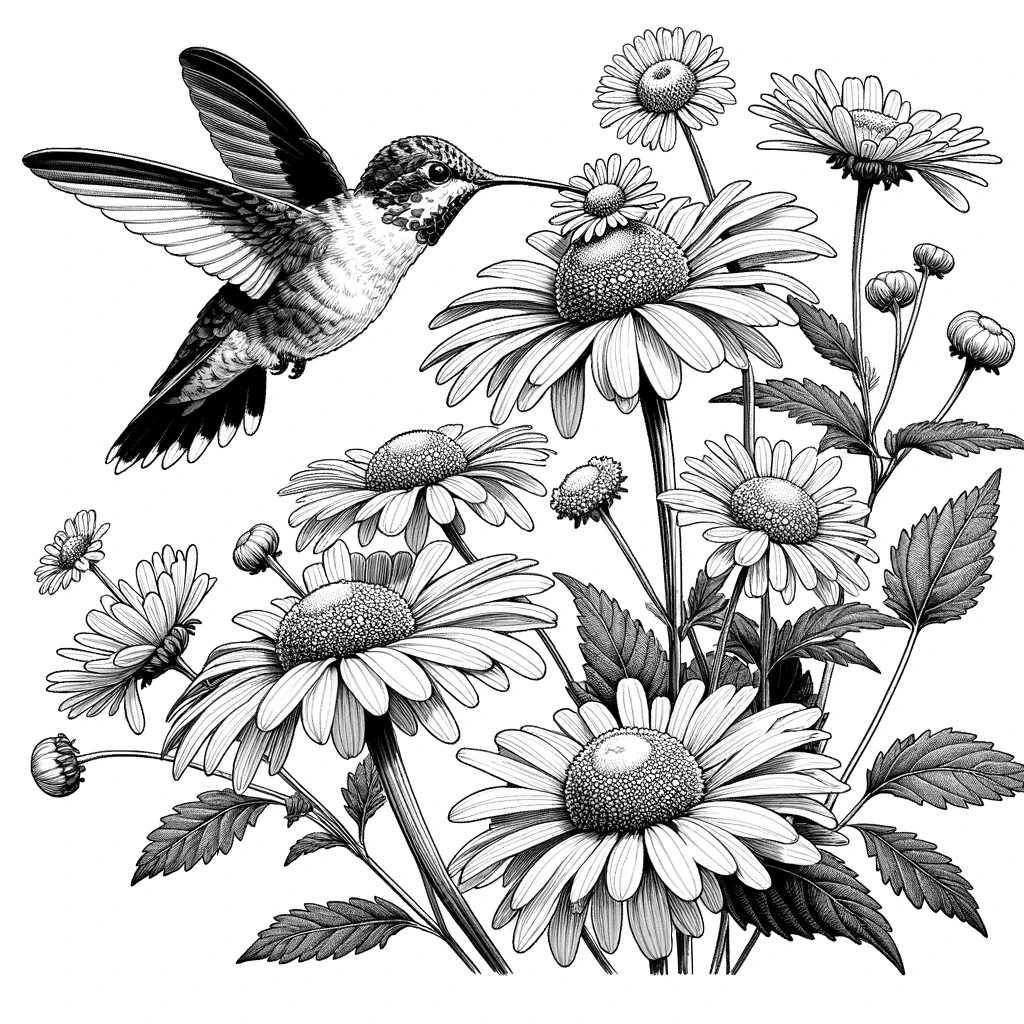 DALL·E 2023-12-15 15.46.25 - A detailed, black and white scene of Sneezeweed (Helenium autumnale) flowers with a hummingbird, with minimal shading for coloring. The image should r