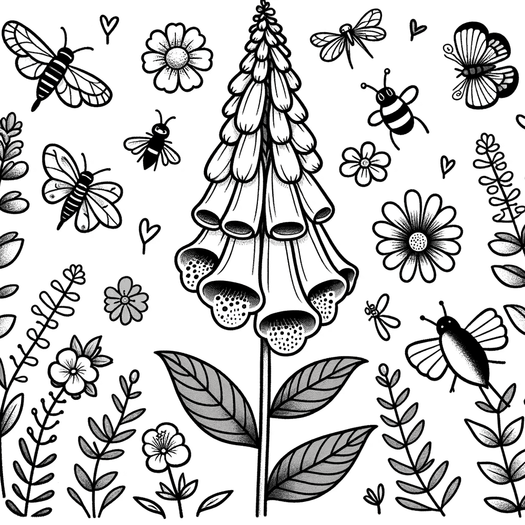 DALL·E 2023-12-15 16.51.29 - A whimsical, child-friendly coloring book page featuring a simplified illustration of a Foxglove Beardtongue flower in the center. Surrounding the flo