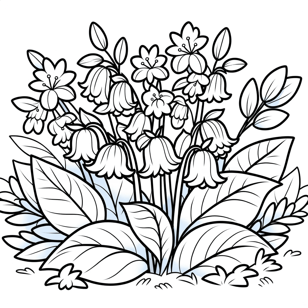 DALL·E 2023-12-15 16.55.50 - A playful and simple coloring book page showing a cluster of Virginia Bluebells. The flowers are depicted in a stylized, kid-friendly manner with bold