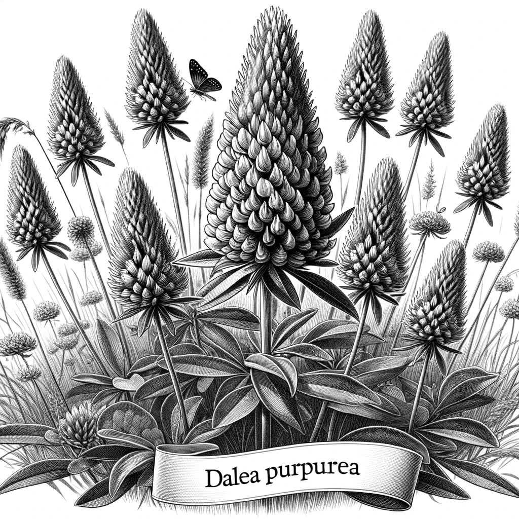 DALL·E 2023-12-15 17.03.03 - A detailed, black and white scene of Dalea Purpurea (Purple Prairie Clover) in a natural setting, suitable for coloring. The image should realisticall