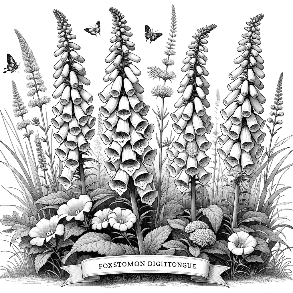 DALL·E 2023-12-15 17.07.12 - A detailed, black and white scene of Foxglove Beardtongue (Penstemon digitalis) in a natural setting, with minimal shading to allow more room for colo