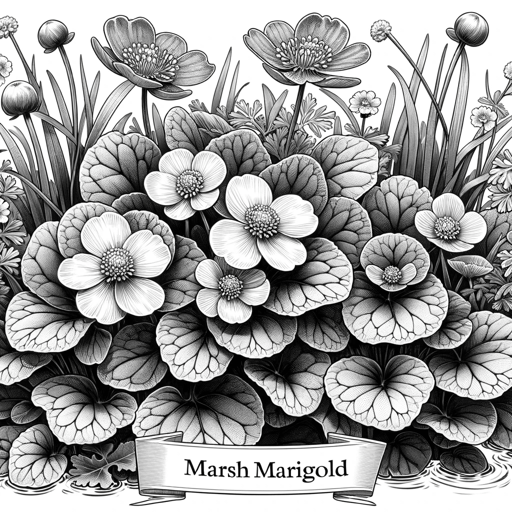 DALL·E 2023-12-16 07.49.41 - A detailed, black and white scene of Marsh Marigold (Caltha palustris) in a wetland setting, suitable for coloring. The image should realistically dep