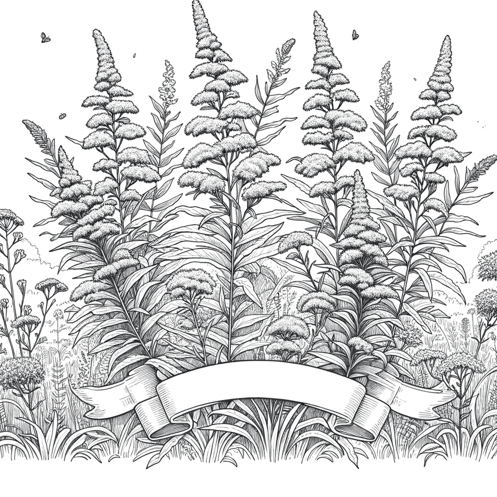 DALL·E 2023-12-16 08.07.26 - Create a black and white line drawing of Goldenrods (Solidago spp.) in a meadow setting, suitable for a coloring book. The illustration should have mi