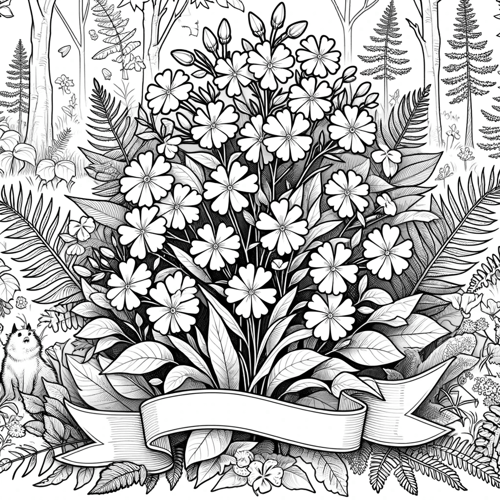 DALL·E 2023-12-16 08.10.12 - Create a black and white line drawing of Woodland Phlox (Phlox divaricata) in a natural forest setting, suitable for a coloring book. The illustration