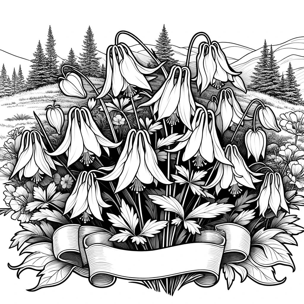 DALL·E 2023-12-16 08.16.31 - Create a black and white line drawing of a Wild Columbine (Aquilegia canadensis) scene, suitable for a coloring book. The illustration should have no