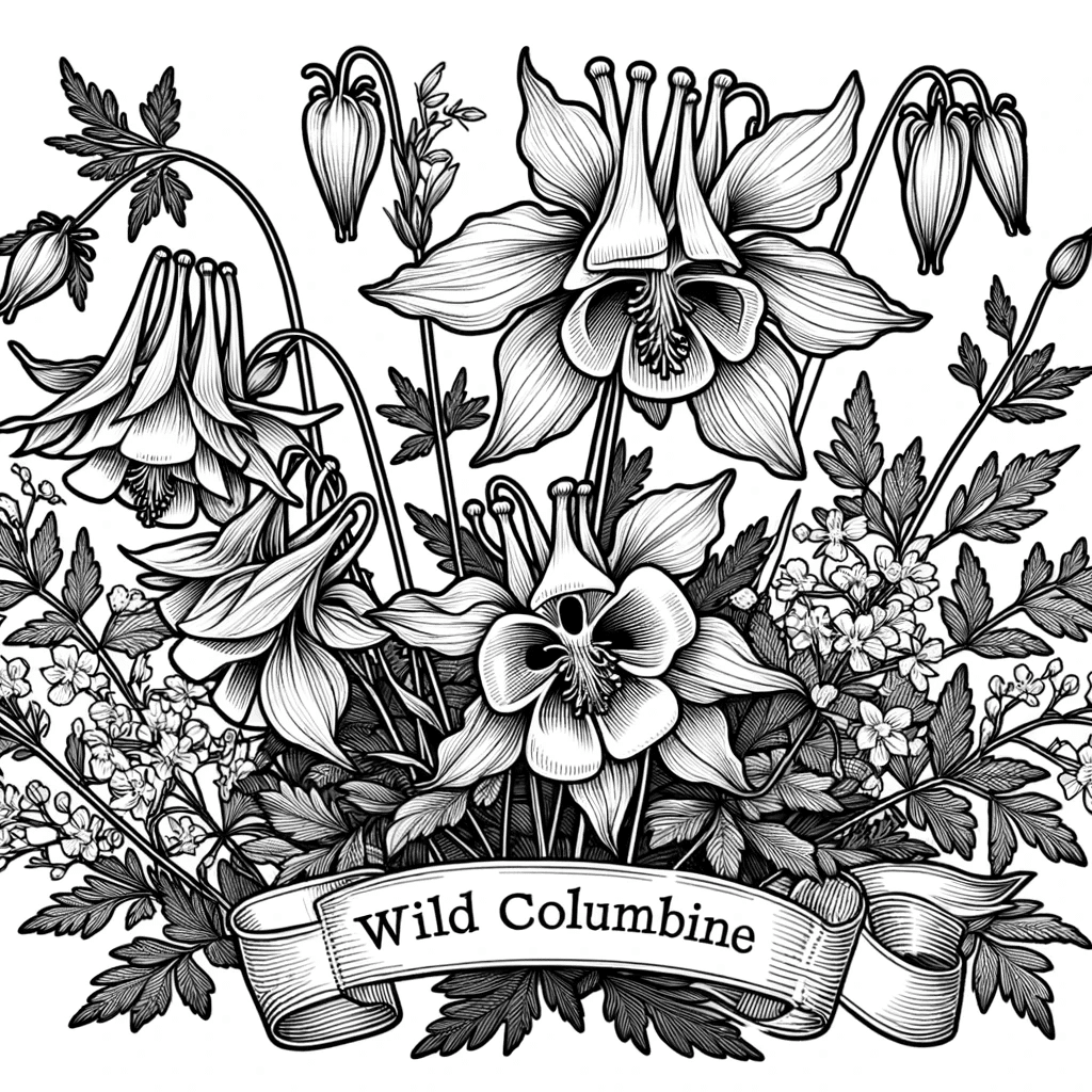 DALL·E 2023-12-16 08.18.02 - Create a black and white line drawing of Wild Columbine (Aquilegia canadensis) in a natural setting, suitable for a coloring book. The illustration sh