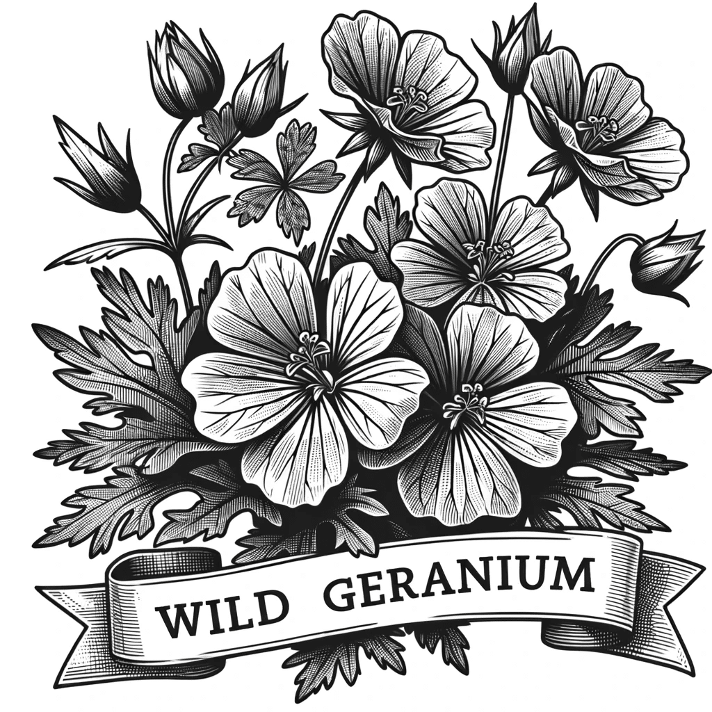 DALL·E 2023-12-16 08.31.42 - Create a dynamic and interesting black and white line drawing of Wild Geranium (Geranium maculatum) in a natural setting, suitable for a coloring book