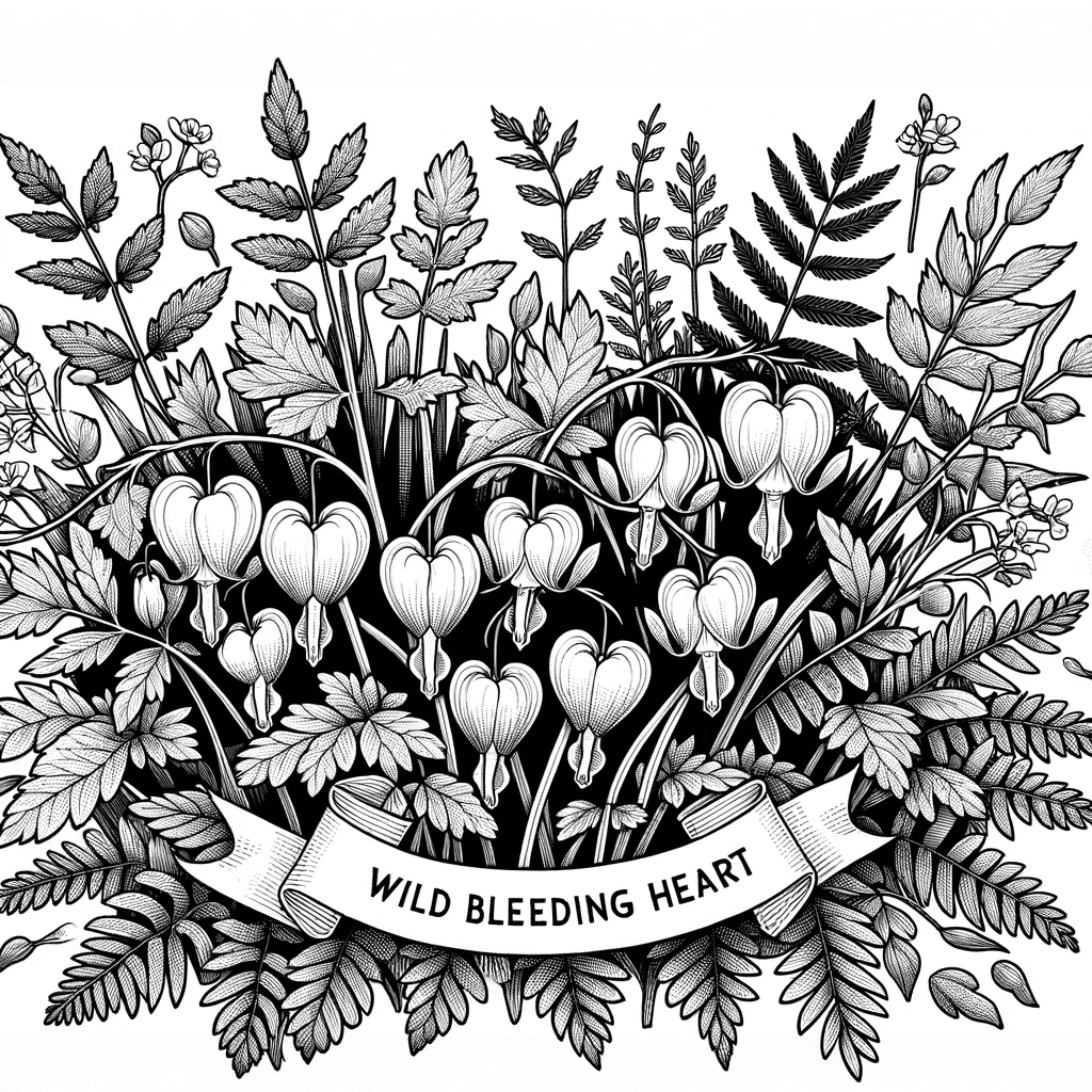 DALL·E 2023-12-16 15.38.51 - Create a detailed black and white line drawing of Wild Bleeding Heart (Dicentra eximia) in a natural setting, suitable for a coloring book. The illust