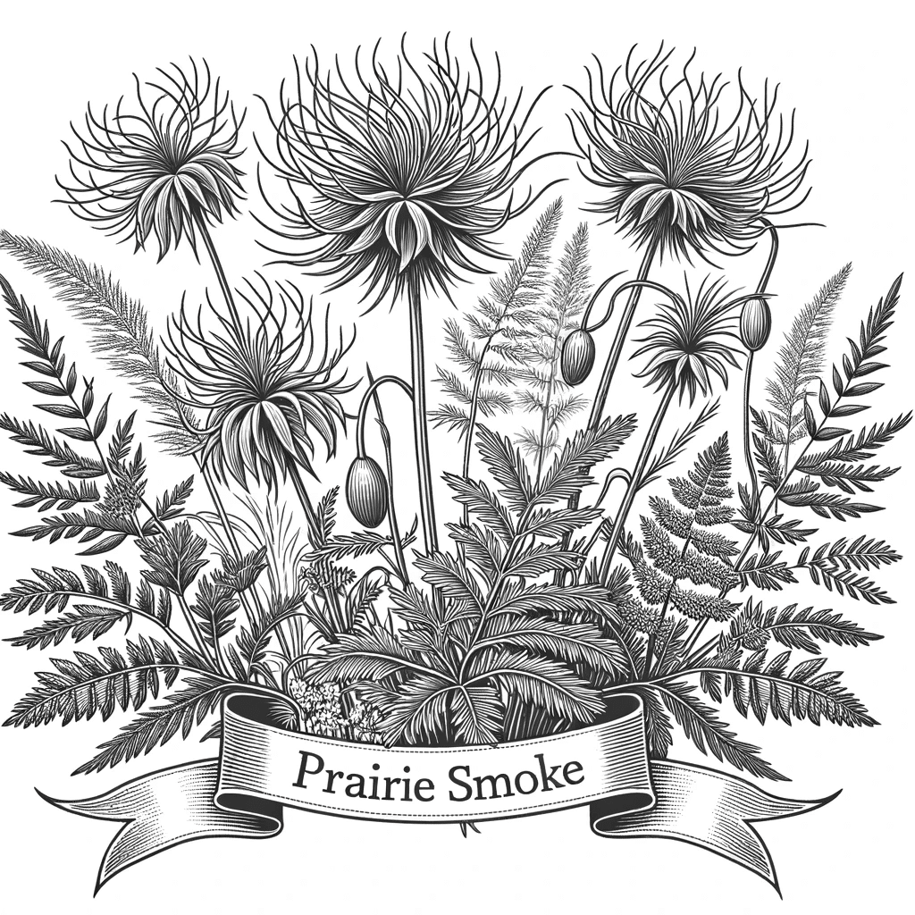 DALL·E 2023-12-16 15.41.09 - Create a detailed black and white line drawing of Prairie Smoke (Geum triflorum) in a natural prairie setting, suitable for a coloring book. The illus