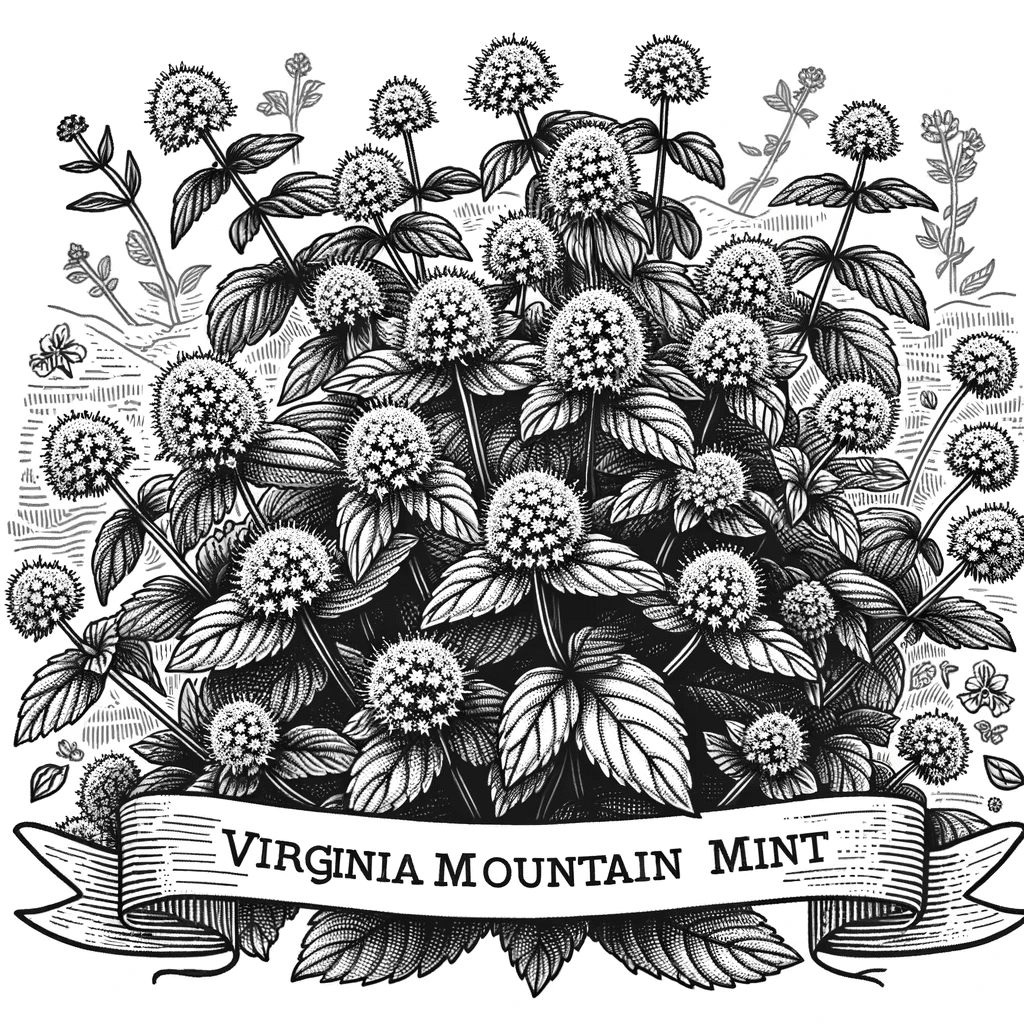 DALL·E 2023-12-16 15.42.25 - Create a detailed black and white line drawing of Virginia Mountain Mint (Pycnanthemum virginianum) in a natural setting, suitable for a coloring book