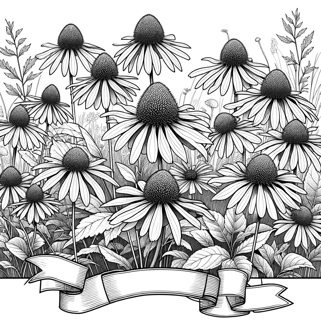 DALL·E 2023-12-16 15.47.57 - Create a more scenic black and white line drawing of Ratibida Pinnata (Yellow Coneflower) in a natural meadow setting, suitable for a coloring book. T