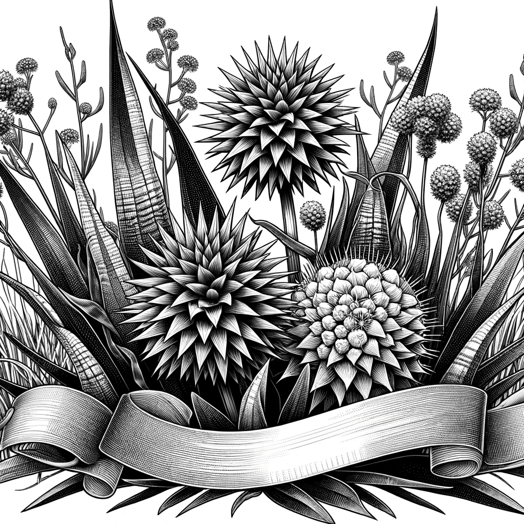 DALL·E 2023-12-16 15.52.19 - Create a detailed black and white line drawing of Rattlesnake Master (Eryngium yuccifolium) in a natural setting, suitable for a coloring book. The il