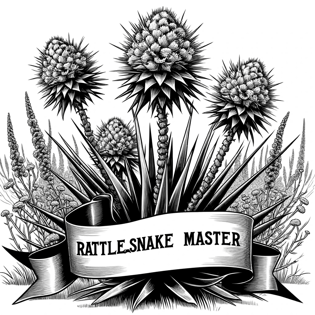 DALL·E 2023-12-16 15.56.44 - Create a detailed black and white line drawing of Rattlesnake Master (Eryngium yuccifolium) in a natural setting, suitable for a coloring book. The il