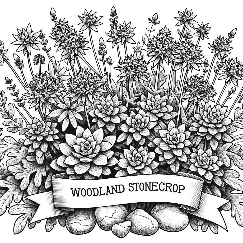 DALL·E 2023-12-16 16.00.21 - Create a detailed black and white line drawing of Woodland Stonecrop (Sedum ternatum) in a natural woodland setting, suitable for a coloring book. The