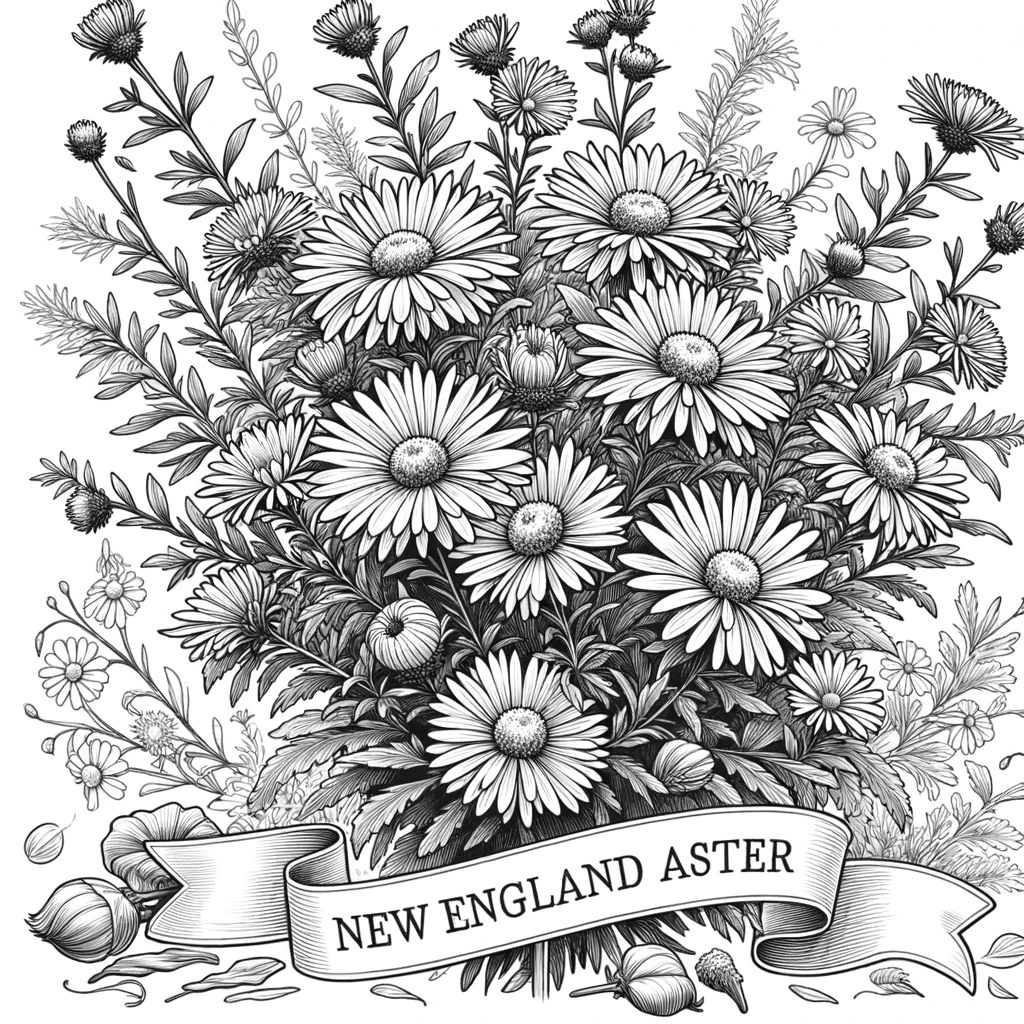 DALL·E 2023-12-16 16.11.45 - Create a detailed black and white line drawing of New England Aster (Symphyotrichum novae-angliae) in a natural setting, suitable for a coloring book