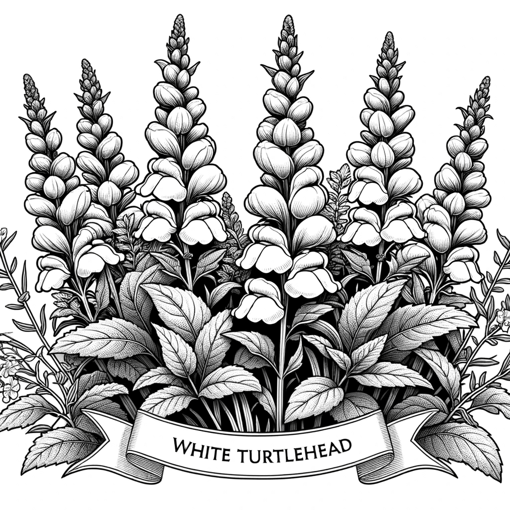 DALL·E 2023-12-16 16.13.31 - Create a detailed black and white line drawing of White Turtlehead (Chelone glabra) in a natural setting, suitable for a coloring book. The illustrati