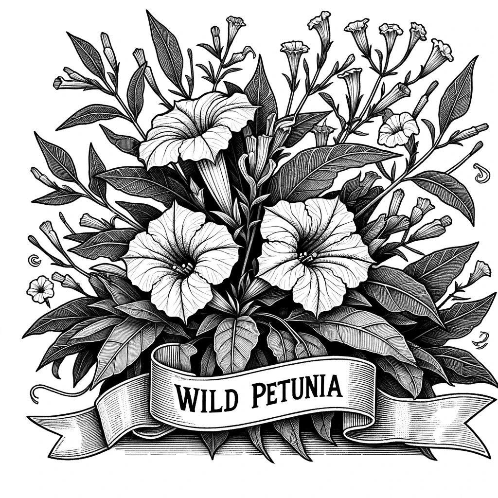 DALL·E 2023-12-17 15.16.56 - Create a detailed black and white line drawing of Wild Petunia (Ruellia humilis) in a natural setting, suitable for a coloring book. The illustration