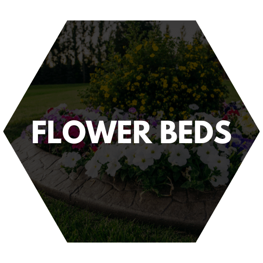 Hexagon icon with the words "Flower Beds" over a vibrant garden bed with blooming flowers.