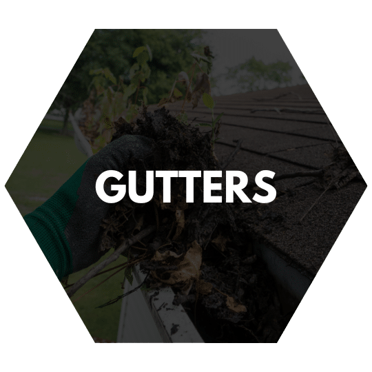 Hexagon icon with the word "Gutters" over an image of a gloved hand removing debris from a gutter.