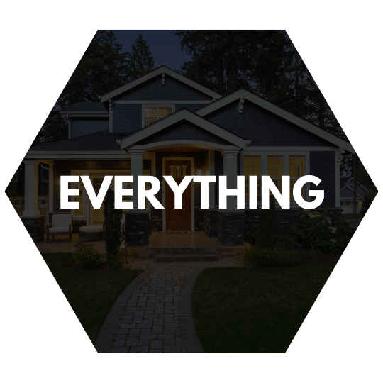 Hexagon icon with the word "Everything" over a well-maintained house at dusk.