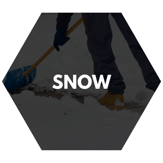 Hexagon icon with the word "Snow" over an image of someone shoveling snow.