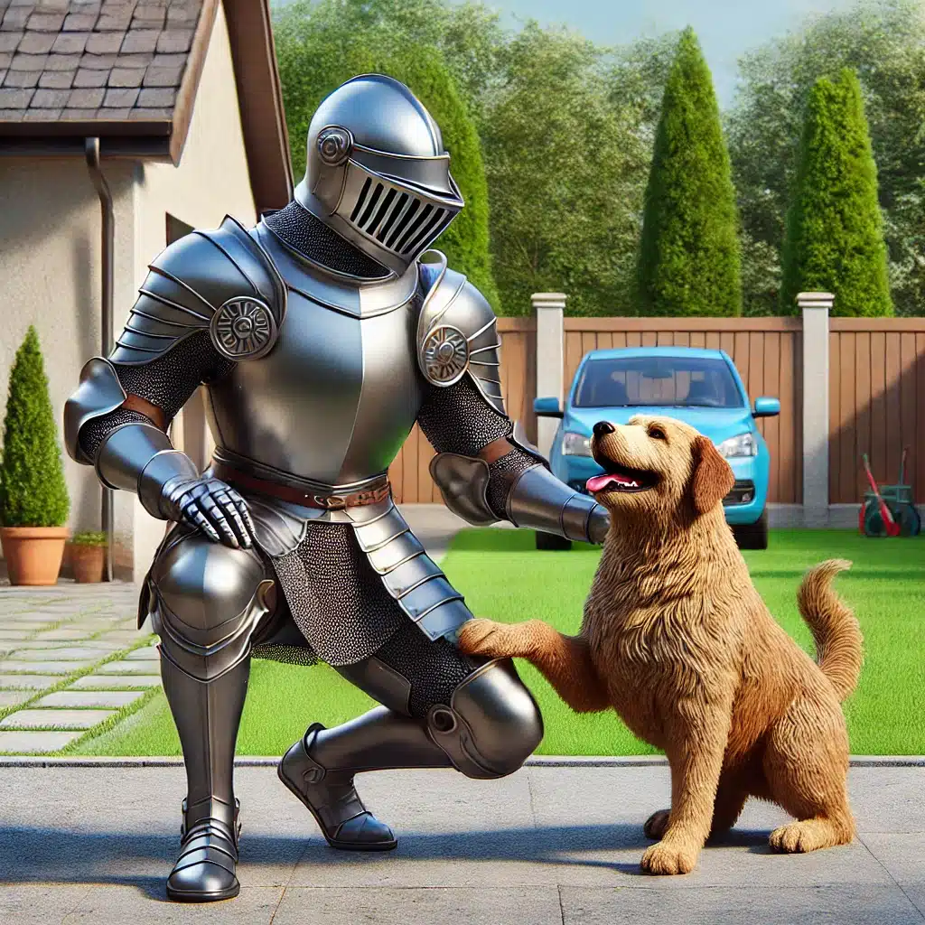 Yard Guard mascot in knight armor kneeling and petting a happy dog in a clean, well-maintained yard with a wooden fence and parked car in the background.