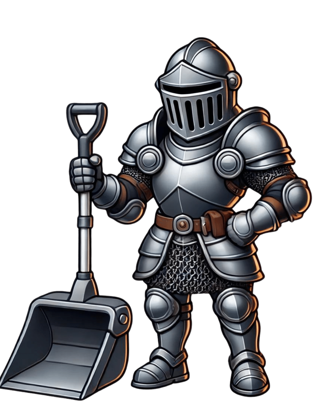 Yard Guard Dog Waste Pickup mascot in knight armor holding a shovel, representing Colin Can Help's dog waste pick-up service.