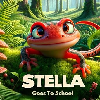 Cover of 'Stella Goes to School,' featuring a vibrant red salamander in a lush green forest, written by Colin Ross