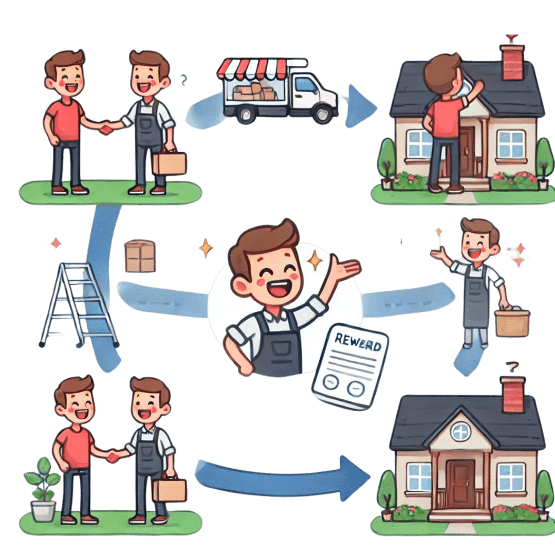 Illustration of the referral process with a handshake, service truck, house repair, reward certificate, and happy customers.