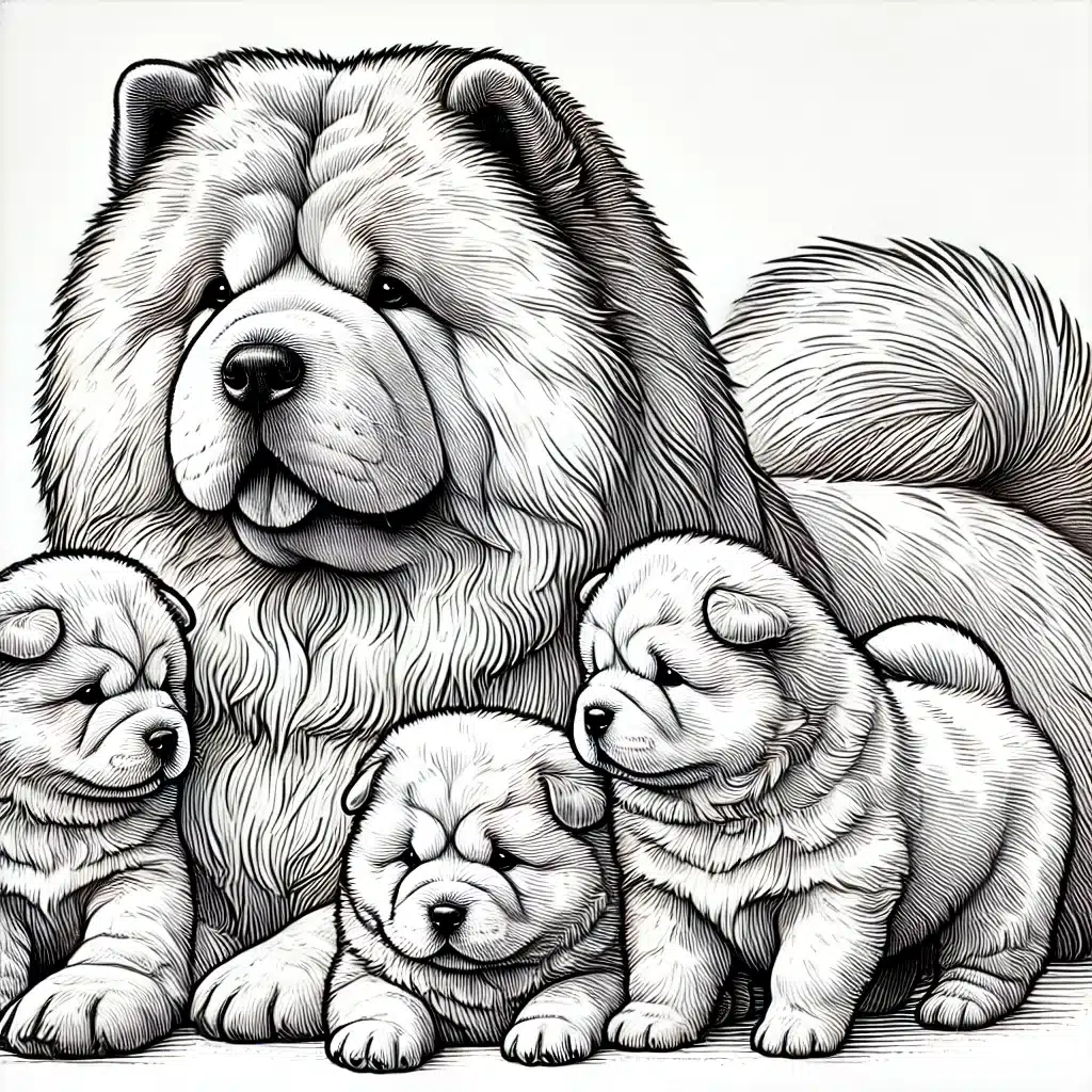 DALL·E 2025-01-06 14.25.21 - A detailed line drawing of a Chow Chow dog with its puppies. The adult Chow Chow has a thick, fluffy mane resembling a lion's and a calm, protective p