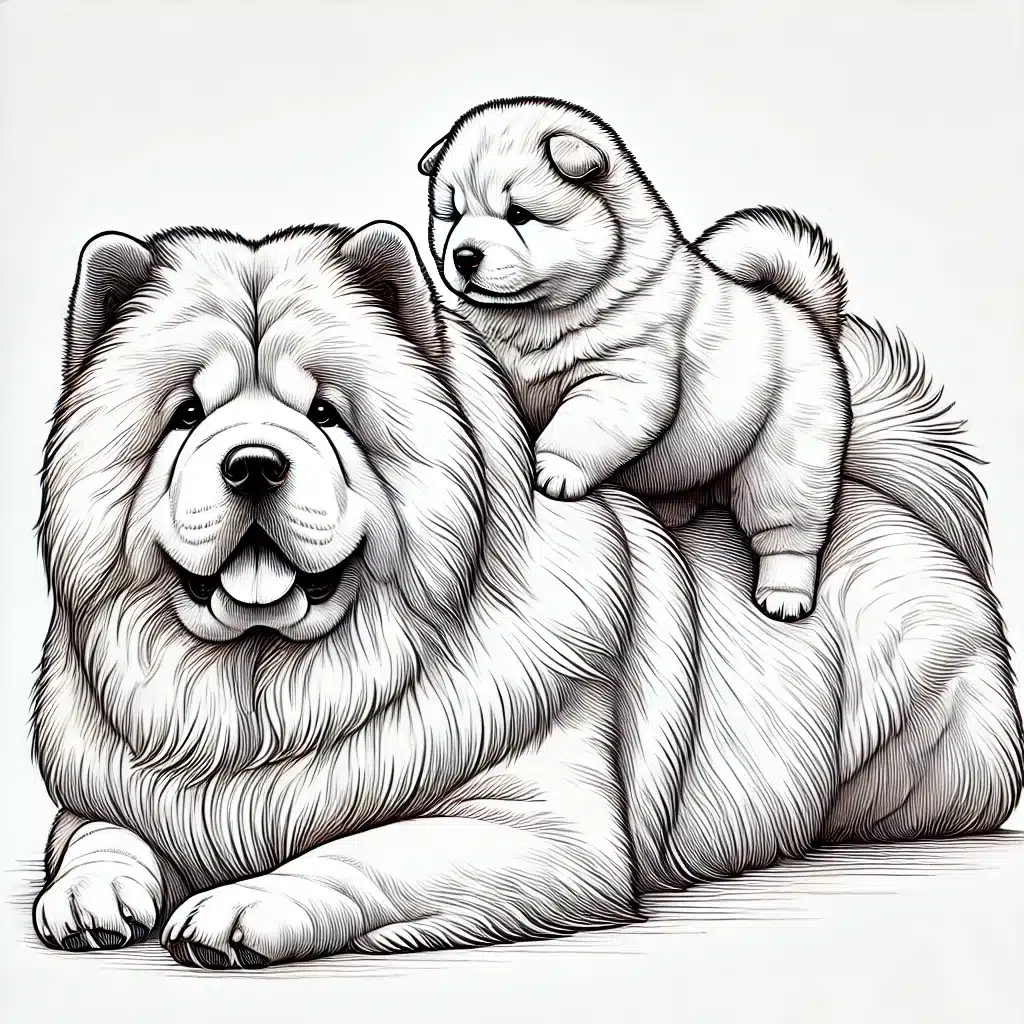 DALL·E 2025-01-06 14.27.08 - A detailed line drawing of a Chow Chow with a playful puppy on its back. The adult Chow Chow has a thick, fluffy mane and a relaxed posture, while the