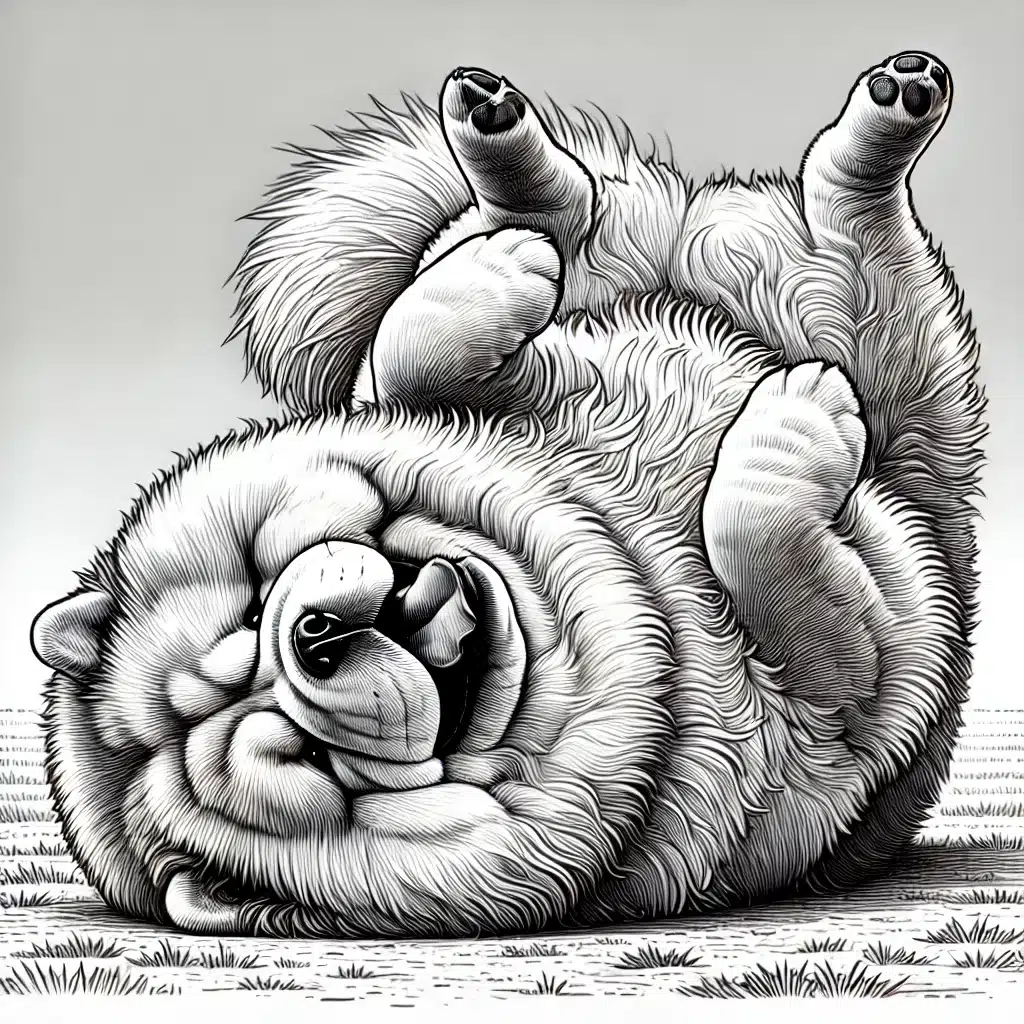 DALL·E 2025-01-06 14.30.08 - A realistic line drawing of a Chow Chow rolling onto its back in a playful and relaxed pose. The dog’s thick, fluffy mane and curly tail are clearly v