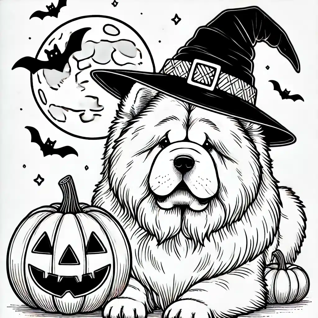 DALL·E 2025-01-06 14.31.43 - A black-and-white line drawing of a Chow Chow celebrating Halloween. The Chow Chow is sitting beside a carved jack-o'-lantern, wearing a witch's hat o