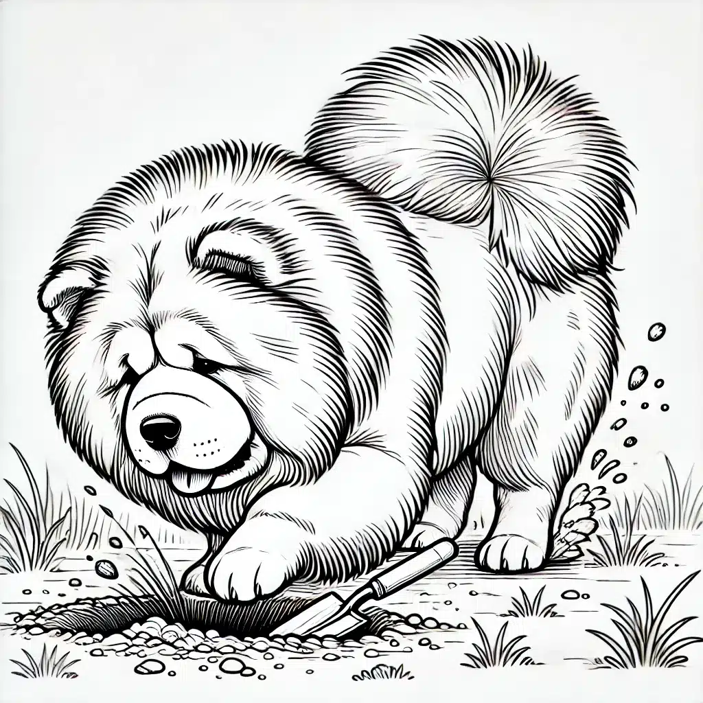 DALL·E 2025-01-06 14.32.14 - A black-and-white line drawing of a Chow Chow digging a hole in the ground. The Chow Chow is mid-action, with dirt flying behind it and its fluffy man