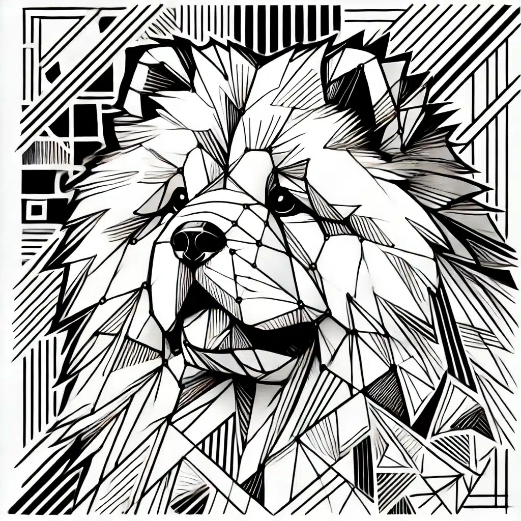 DALL·E 2025-01-06 14.33.13 - A black-and-white line drawing of a Chow Chow in a cubism style. The Chow Chow is depicted with geometric shapes, angular lines, and fragmented detail