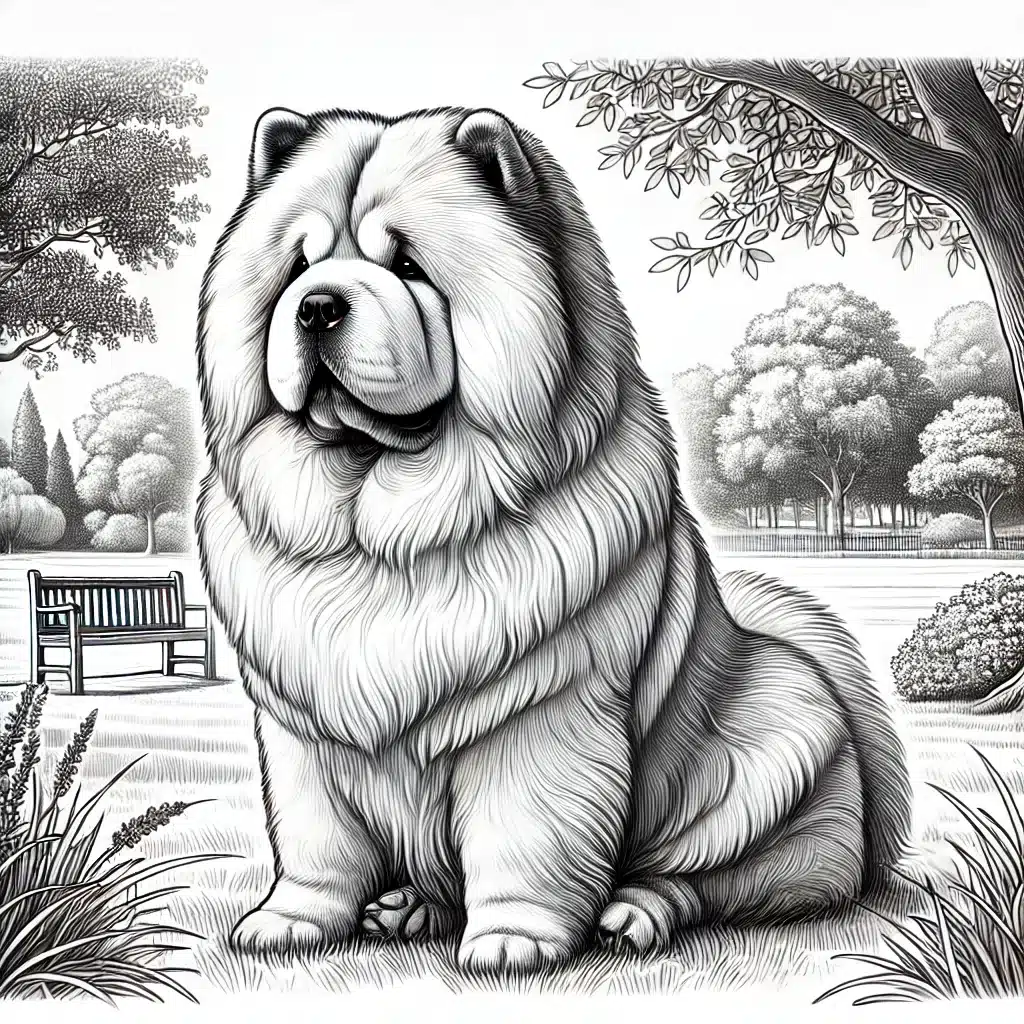 DALL·E 2025-01-06 14.36.58 - A realistic black-and-white line drawing of a Chow Chow sitting in a serene park setting. The Chow Chow is depicted in fine detail, with its fluffy ma